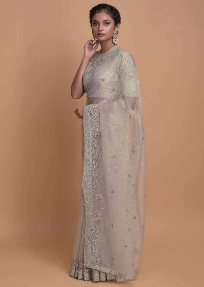 Fog Grey Saree In Organza With Scattered Sequins All Over And Embroidered Buttis Online - Kalki Fashion
