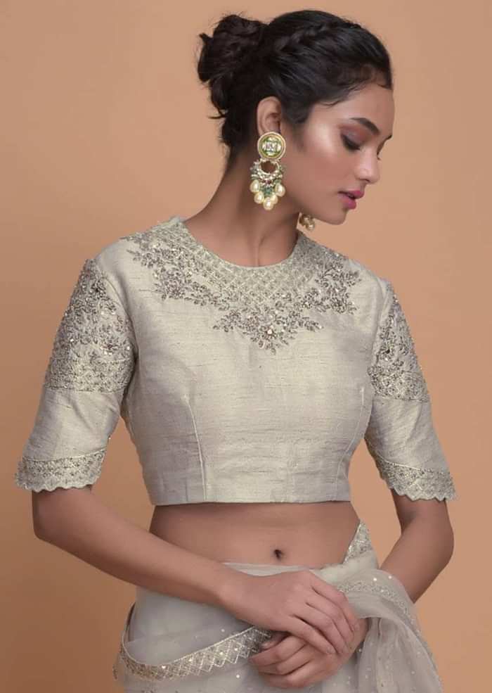 Fog Grey Saree In Organza With Scattered Sequins All Over And Embroidered Buttis Online - Kalki Fashion
