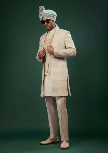 Beige White Embroidered Sherwani Set In Raw Silk