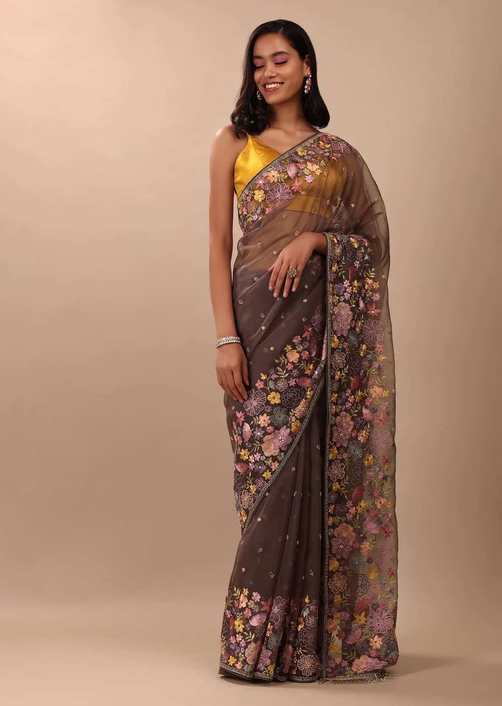 Fog Grey Saree In Organza With A Wide Floral Embroidered Pallu With Tassels
