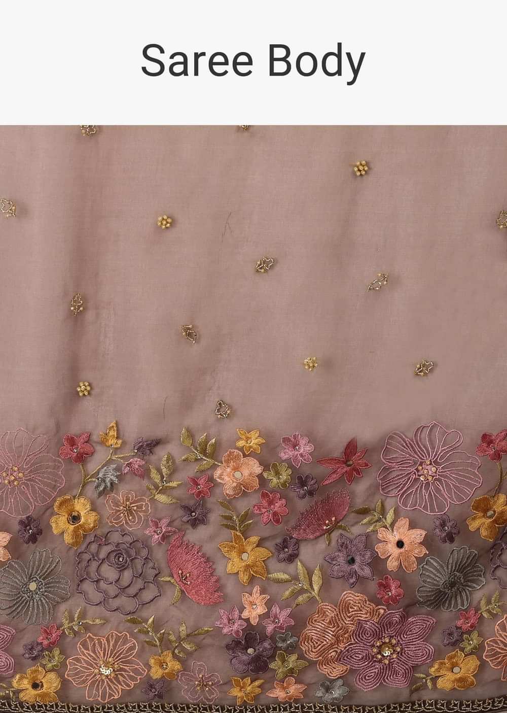 Fog Grey Saree In Organza With A Wide Floral Embroidered Pallu With Tassels