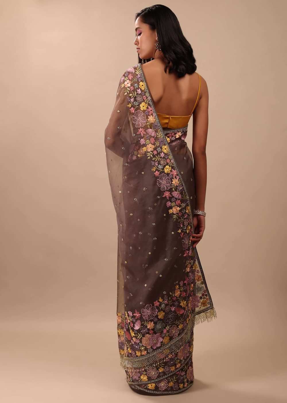 Fog Grey Saree In Organza With A Wide Floral Embroidered Pallu With Tassels