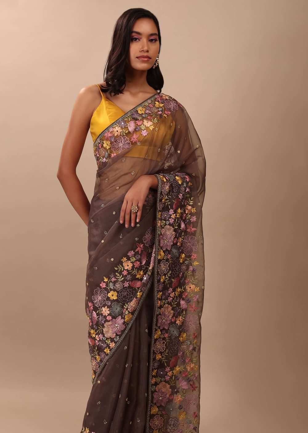 Fog Grey Saree In Organza With A Wide Floral Embroidered Pallu With Tassels