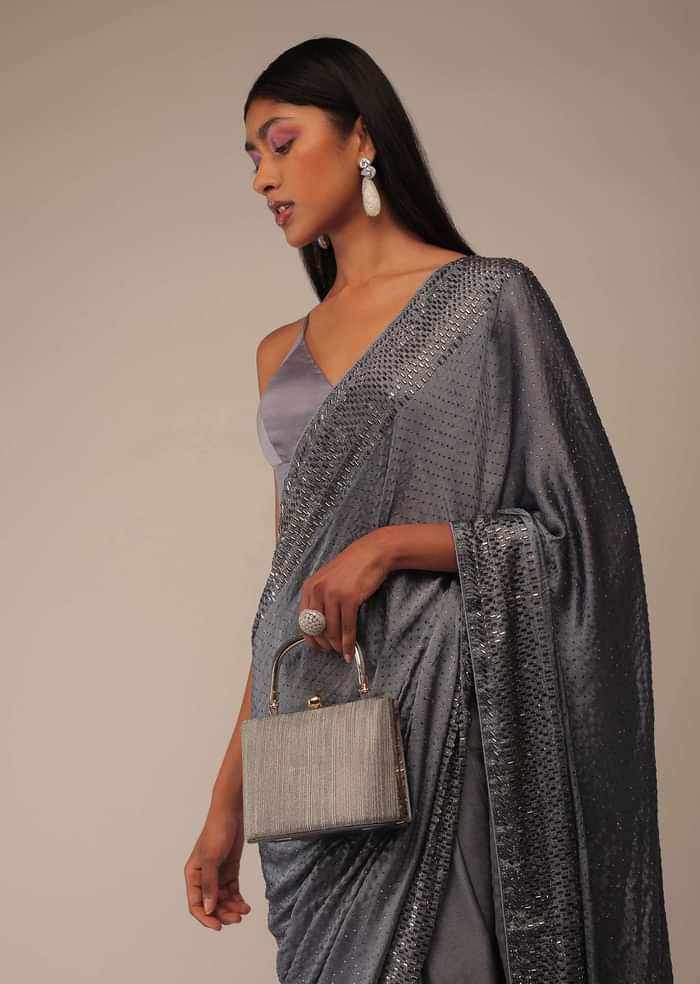 Folkstone Grey Saree With Stones Embellishment, Crafted In Chiffon With Scattered Stones