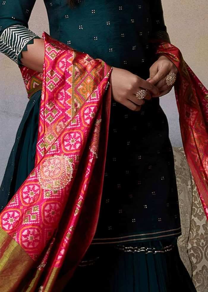 Forest Green Sharara Suit With Badla Work And Magenta Patola Printed Dupatta