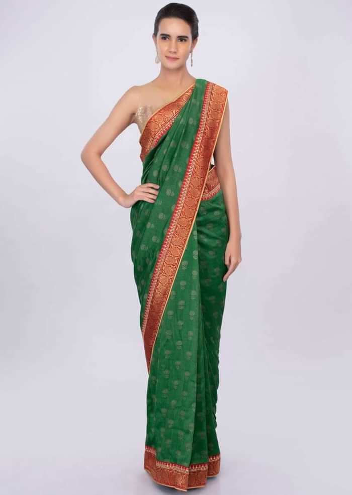 Forest green silk saree with red bandhani printed pallo only on kalki