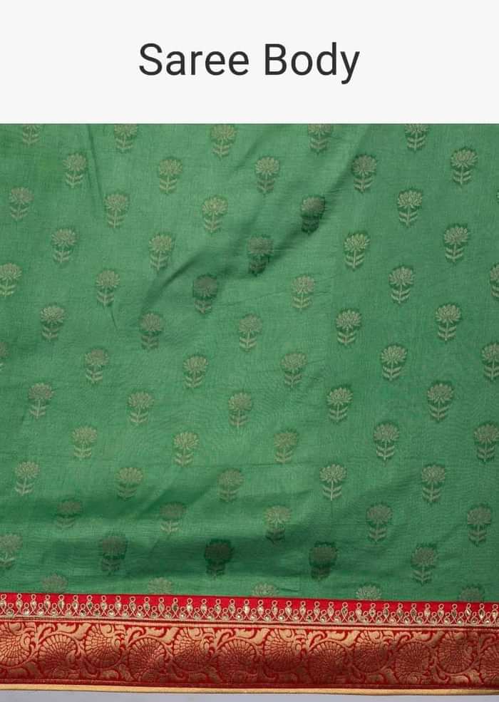 Forest green silk saree with red bandhani printed pallo only on kalki