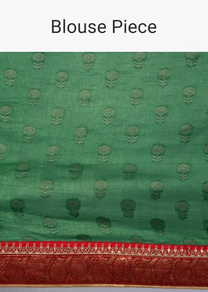 Forest green silk saree with red bandhani printed pallo only on kalki