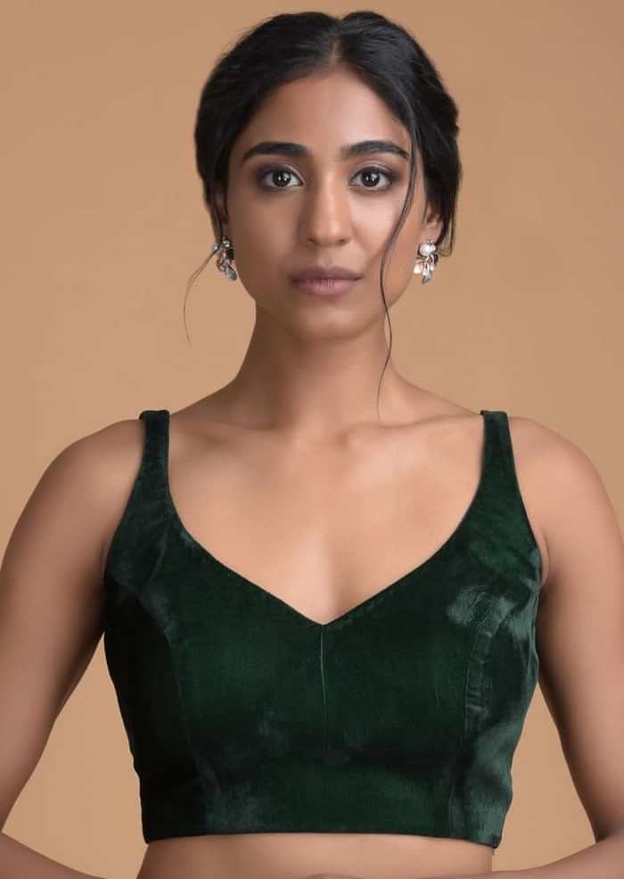 Forest Green Sleeveless Blouse With Sweetheart Neckline