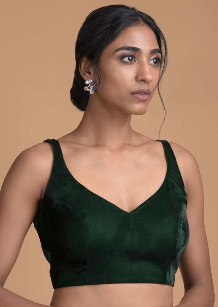 Forest Green Sleeveless Blouse With Sweetheart Neckline