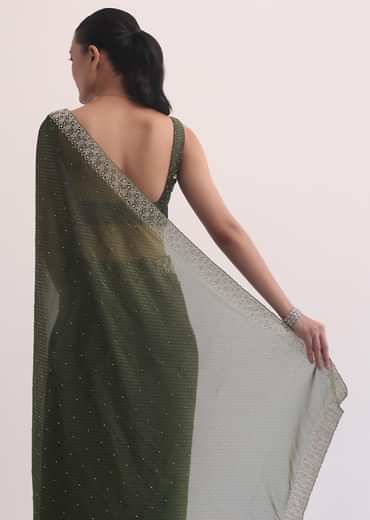 Forest Green Jacquard Saree In Cutdana Embroidery With Unstitched Blouse