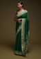 Forest Green Saree In Crepe Silk Blend With Gotta Patti Embroidered Buttis And Woven Border