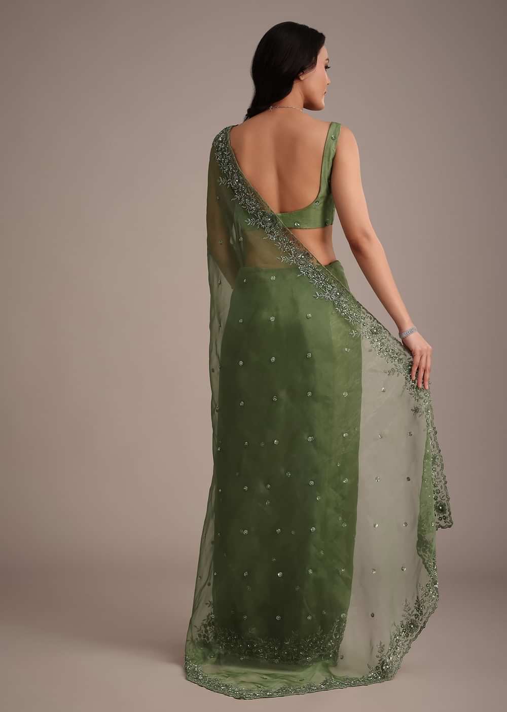 Forest Green Soft Organza Saree With Cutdana Sequin Embroidery