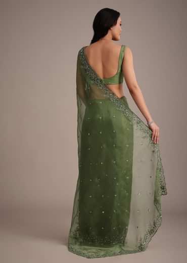 Forest Green Soft Organza Saree With Cutdana Sequin Embroidery