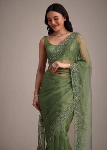 Forest Green Soft Organza Saree With Cutdana Sequin Embroidery