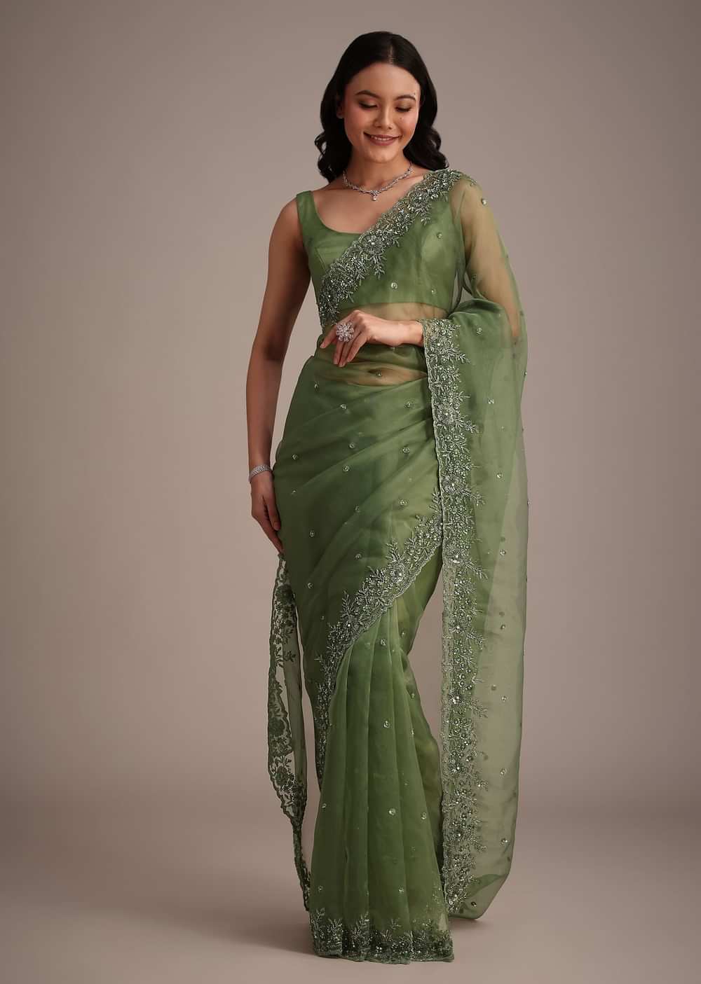 Forest Green Soft Organza Saree With Cutdana Sequin Embroidery