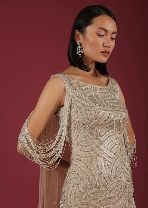 Frappe Mermaid Gown In Cut Dana Dangling Tassels On The Shoulder