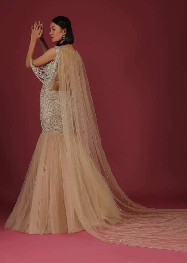 Frappe Mermaid Gown In Cut Dana Dangling Tassels On The Shoulder