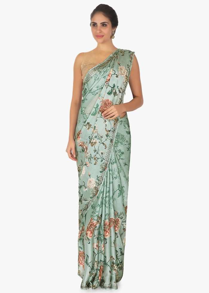 Frost blue floral print crepe satin saree only on Kalki
