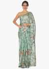 Frost blue floral print crepe satin saree only on Kalki