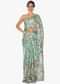 Frost blue floral print crepe satin saree only on Kalki