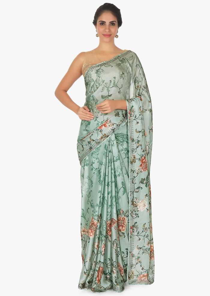 Frost blue floral print crepe satin saree only on Kalki
