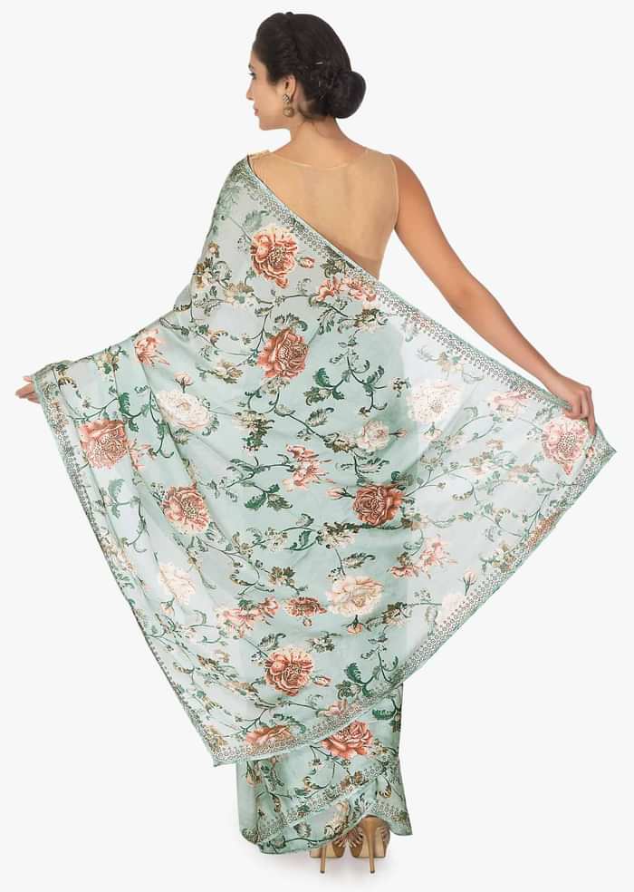 Frost blue floral print crepe satin saree only on Kalki