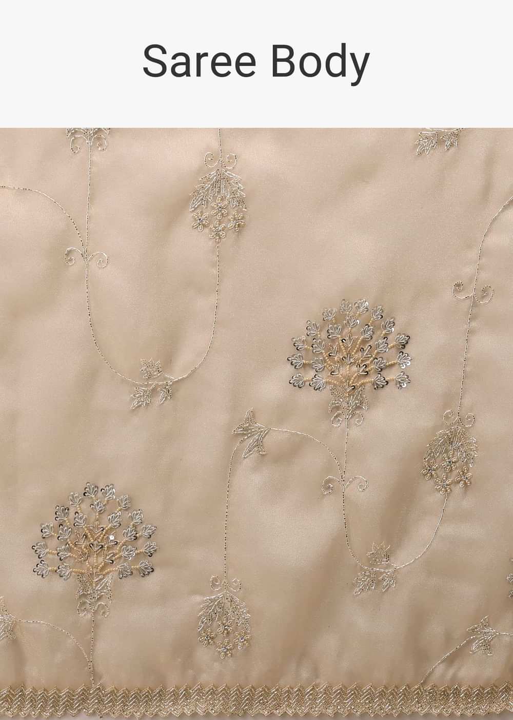 Frosted Almond Tissue Saree In Zardozi Embroidery Buttis, Leafy Motifs Embroidery Detailing On Border
