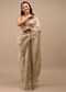 Frosted Almond Tissue Saree In Zardozi Embroidery Buttis, Leafy Motifs Embroidery Detailing On Border