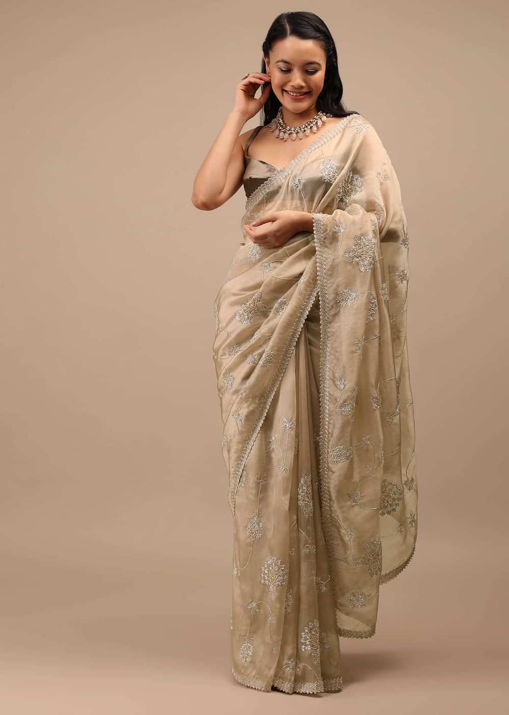 Frosted Almond Tissue Saree In Zardozi Embroidery Buttis, Leafy Motifs Embroidery Detailing On Border