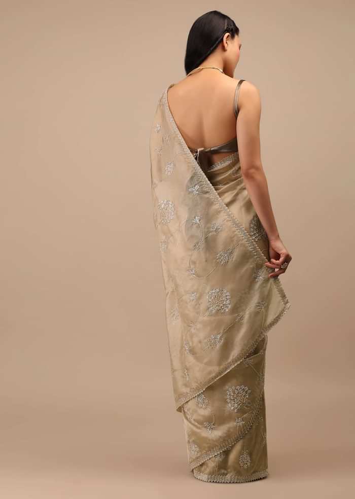 Frosted Almond Tissue Saree In Zardozi Embroidery Buttis, Leafy Motifs Embroidery Detailing On Border
