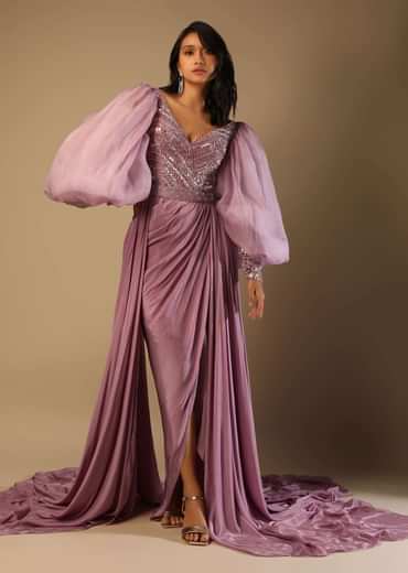 Frozen Mauve Gown With Hand Embroidered Bodice, Balloon Sleeves And A Long Trail