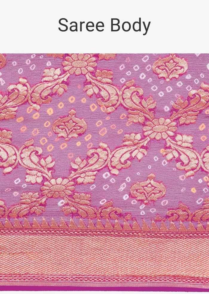 Fuchsia pink georgette saree with weaved jaal work  and bandhani print only on kalki