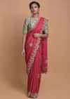 Fuchsia Pink Saree In Satin Silk With Embroidered Floral Buttis And Border Online - Kalki Fashion