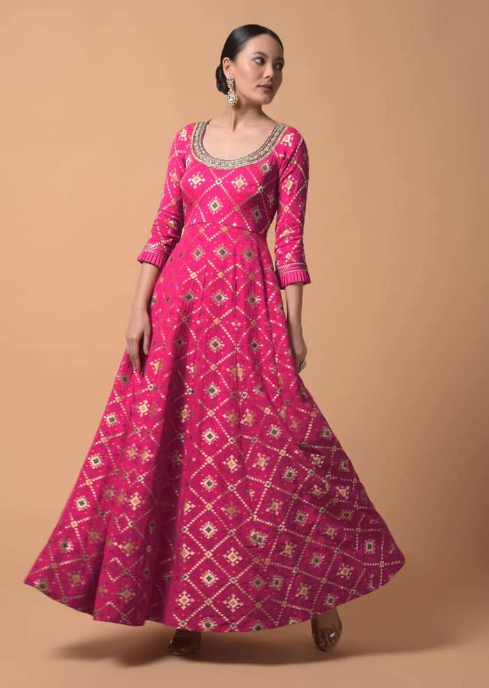 Fuchsia Pink Anarkali Suit In Silk With Woven Patola Design And Abla Embroidered Neckline