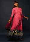 Fuchsia Pink And Navy Blue Shaded Anarkali Suit In Brocade Silk With Bandhani Print All Over