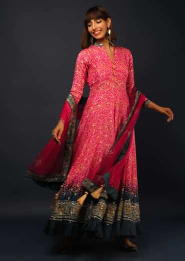 Fuchsia Pink And Navy Blue Shaded Anarkali Suit In Brocade Silk With Bandhani Print All Over