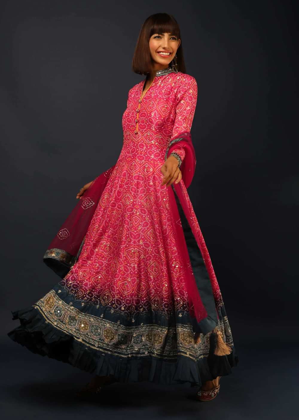Fuchsia Pink And Navy Blue Shaded Anarkali Suit In Brocade Silk With Bandhani Print All Over