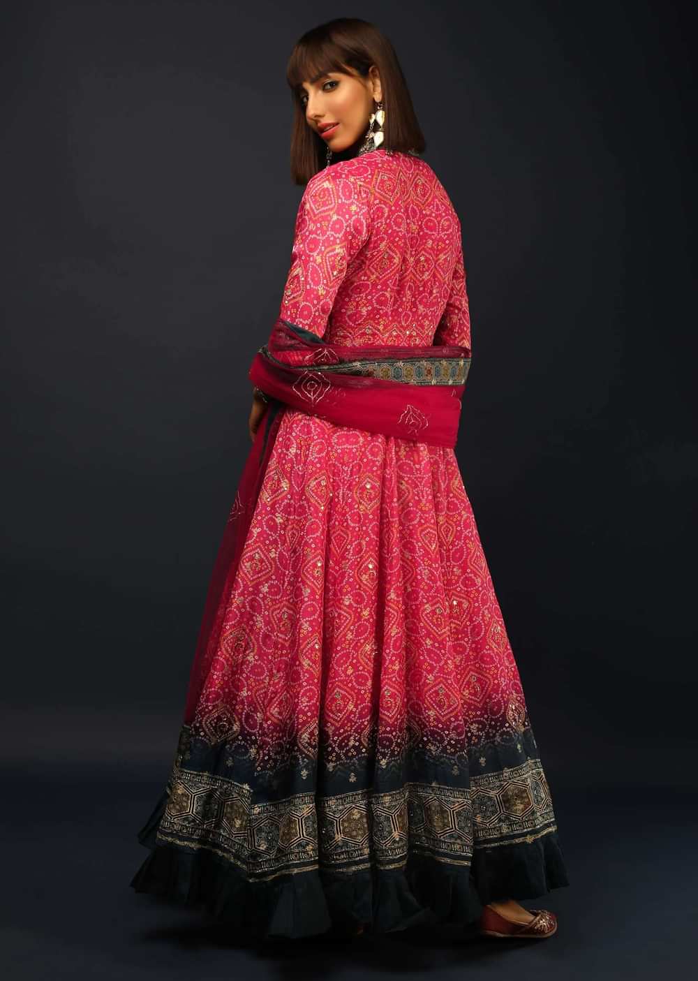 Fuchsia Pink And Navy Blue Shaded Anarkali Suit In Brocade Silk With Bandhani Print All Over