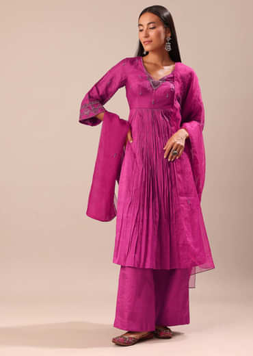 Fuchsia Pink Hand Embroidered Kurta Palazzo Set