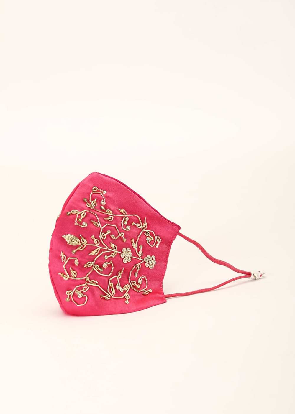Fuchsia Pink Mask In Satin Silk With Moti And Zardosi Embroidered Design All Over