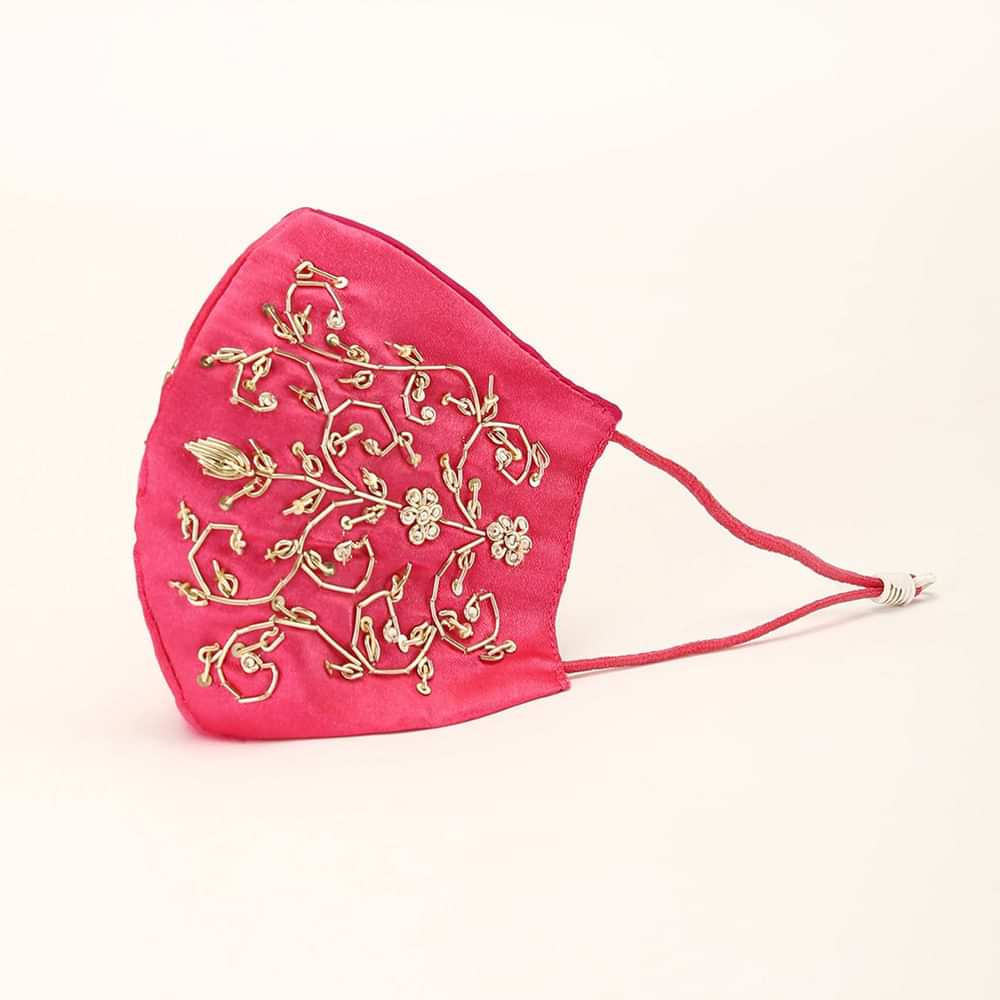 Fuchsia Pink Mask In Satin Silk With Moti And Zardosi Embroidered Design All Over