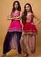 Fuchsia Pink Peplum Top With Aari Work Paired With Navy Blue Bandhani Printed Cowl Pants