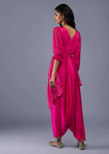 Fuschia Pink Gajji Silk Attached Shrug With Silk Jumpsuit