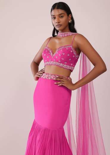 Fuschia Pink Lehenga And Hand Embroidered Blouse Set In Crepe