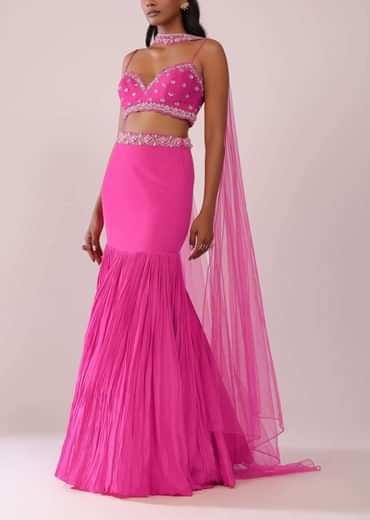 Fuschia Pink Lehenga And Hand Embroidered Blouse Set In Crepe