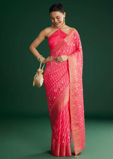 Gajari Dola Silk Saree With Floral Embroidery And Lehariya Print