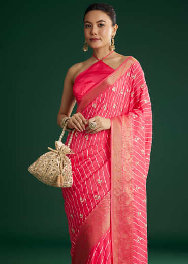 Gajari Dola Silk Saree With Floral Embroidery And Lehariya Print