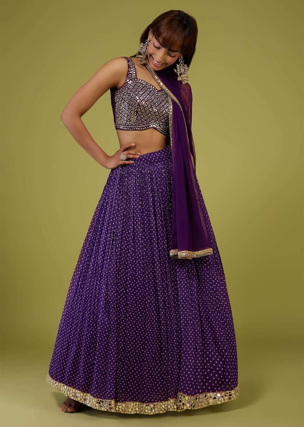 Violet Purple Bandhani Print Lehenga Set In Georgette With Mirror Work