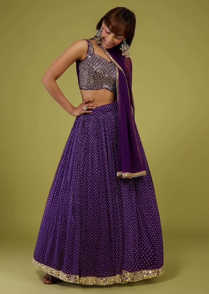 Violet Purple Bandhani Print Lehenga Set In Georgette With Mirror Work